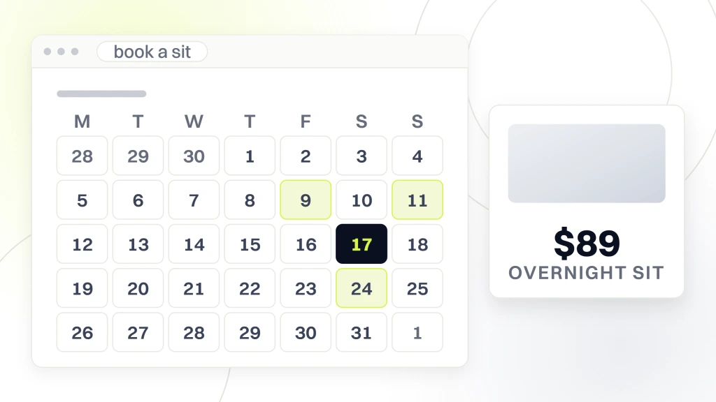 A booking screen showing a month grid with available dates tinted, beside a card carrying a photograph and the words overnight sit at $89, from a guide to pet Sitting Web Design.