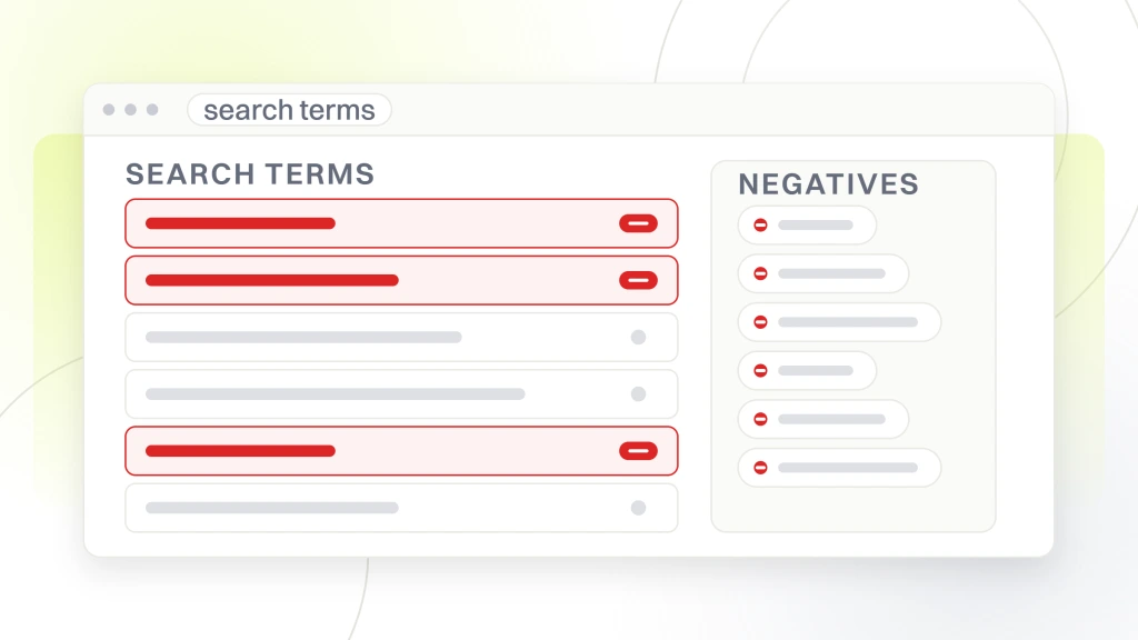 PPC Agency for Food and Beverage. A search terms report inside an ads account, six broad queries listed with three flagged for exclusion, shown feeding the negative keyword list beside it.
