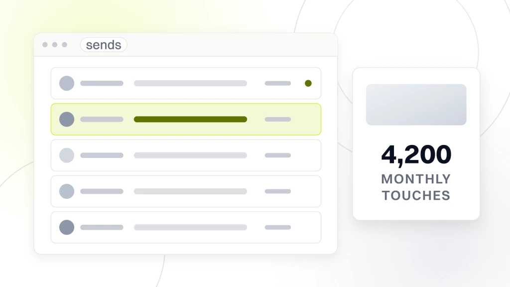 Marketing automation for real estate agents. A mail client window listing five sends with their sender and subject rules, beside a card carrying a photograph and the words monthly touches at 4,200.