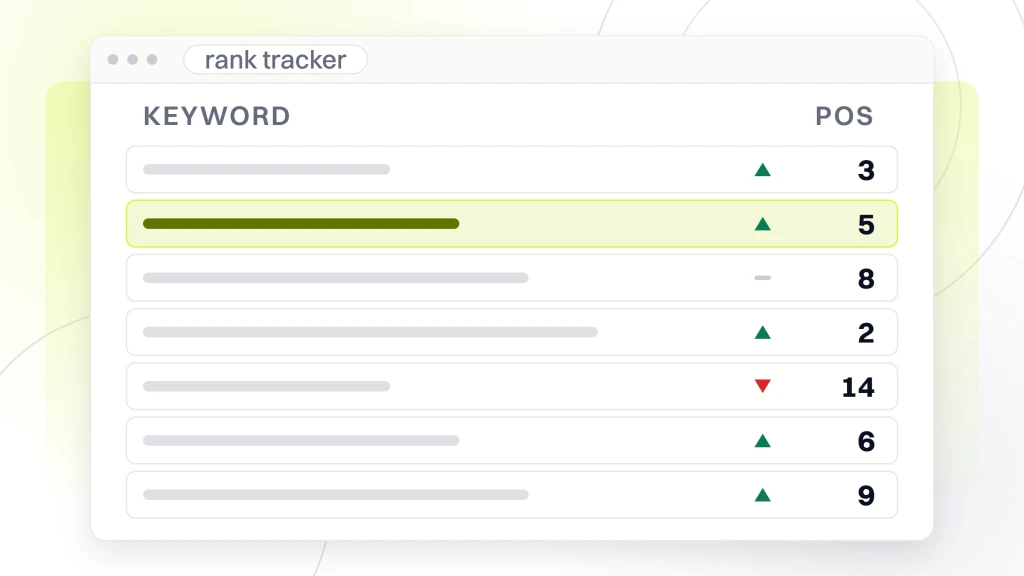 SEO for Optometrists. A rank tracker window listing seven keyword rows with their movement arrows and current positions, one row highlighted.