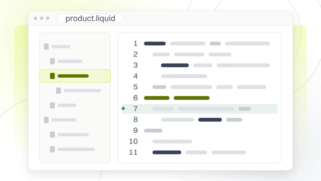 Shopify Web Development Agency. A code editor window with a file tree on the left and a syntax pane on the right showing eleven lines, one highlighted and one marked as an addition.