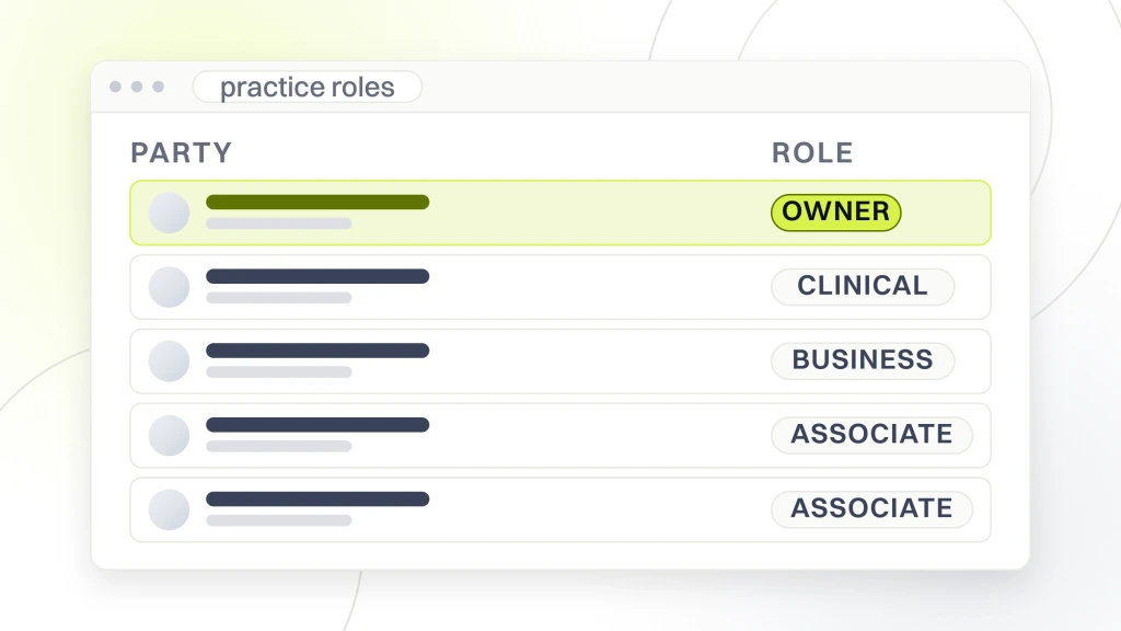 DSO Dental. A roles table listing five parties in a practice, each with a role chip reading owner, clinical, business or associate, with the top row marked as the account owner.