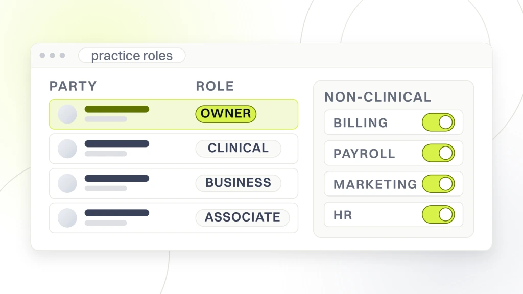 A roles table beside a permissions panel whose switches cover billing, payroll, marketing and HR, the non-clinical functions a support organization takes on, from a guide to DSO Dental.