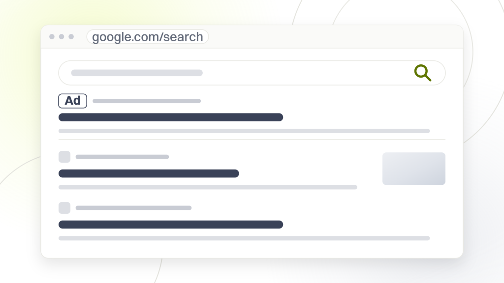 Search engine optimization for ecommerce. A search results page with a query box, one ad listing above four organic listings with the third highlighted, and a row of related search pills, showing what a filtered address is competing to become.