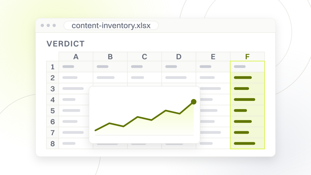 SEO content audit. A spreadsheet window holding eight rows of pages across six columns with the verdict column highlighted, the inventory a content audit is judged from.