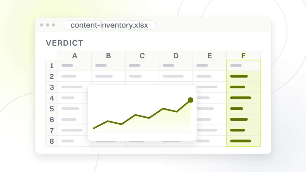 SEO content audit. A spreadsheet window holding eight rows of pages across six columns with the verdict column highlighted, the inventory a content audit is judged from.
