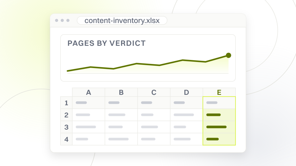 Content audit SEO. A spreadsheet window with a chart card above the table beneath it, showing how a whole inventory falls across its verdicts rather than into one.