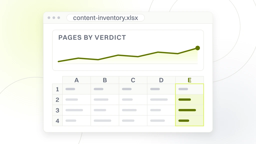 Content audit SEO. A spreadsheet window with a chart card above the table beneath it, showing how a whole inventory falls across its verdicts rather than into one.