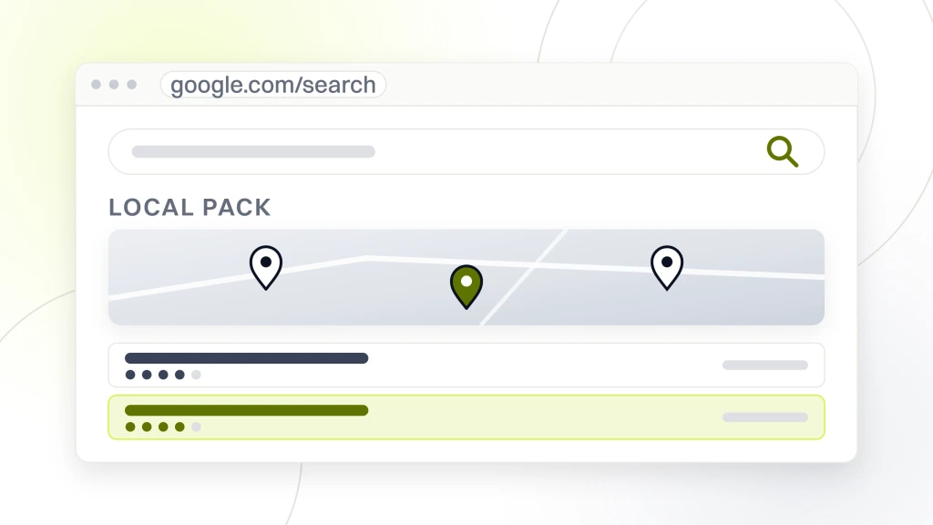 Local SEO for Healthcare. A search results page with a query box, a map plate carrying three pins, and three local clinic listings beneath it with the middle one highlighted.