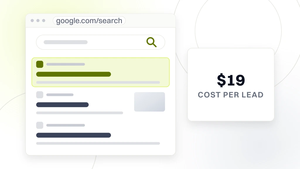 A search results page showing three organic listings with the first highlighted, beside a panel reading $19 cost per lead, from a guide to local SEO for Healthcare.
