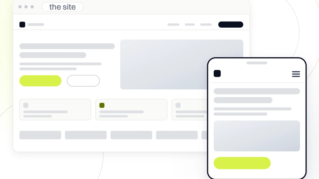 Small Business Web Design and Management. A finished small business website drawn in browser chrome with navigation, a hero band, a card row, a logo strip and a call to action, with the phone version of the same page in front of it.