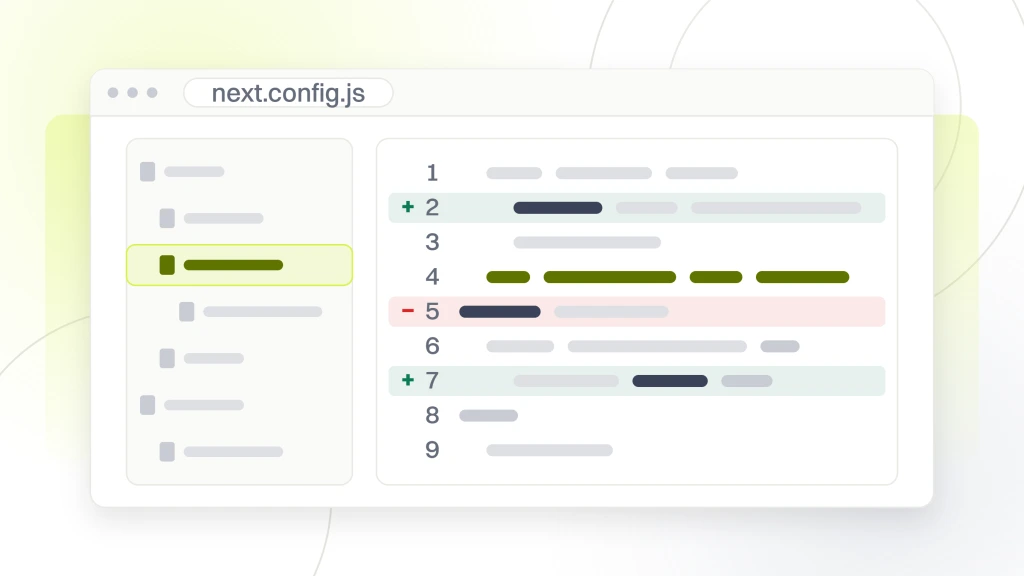 Technical SEO for SaaS. A code editor with a file tree and a pane of nine lines, two marked as additions, one as a deletion and one line highlighted.