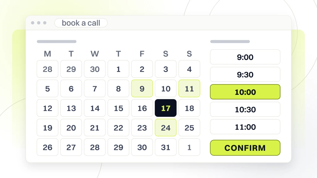 Top Fashion Marketing Agencies. A booking window with a month grid on one side, a column of time slots on the other with one taken and one selected, and the confirm button under them.