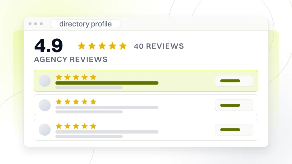 B2B PPC Agency Reviews. A review panel showing an average rating of 4.9 over 40 reviews, with three review rows and their stars beneath it.