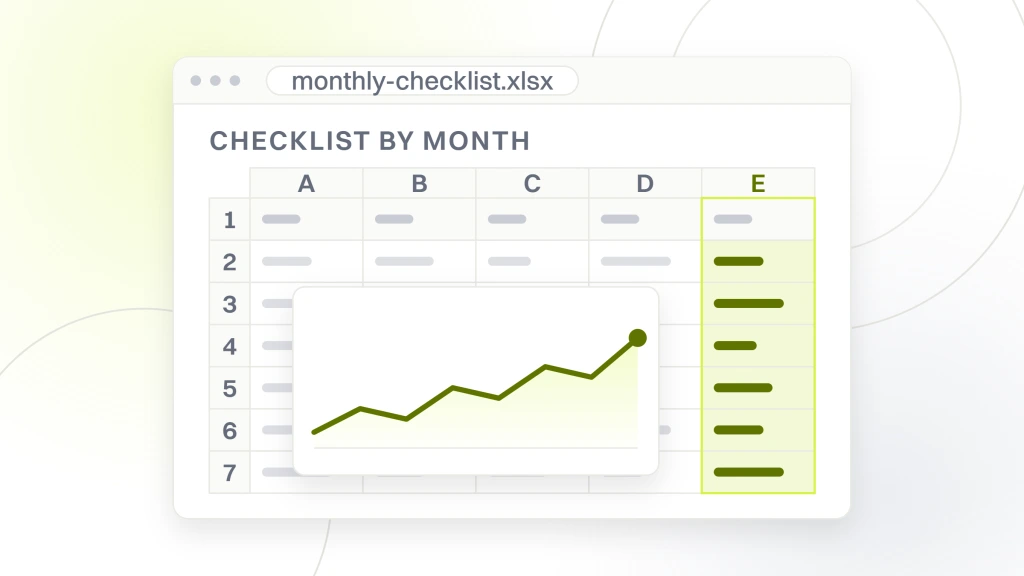 Website Maintenance for Chiropractors. A spreadsheet export open in a viewer showing a grid of cells with a numbered gutter and a chart object over them, headed checklist by month.