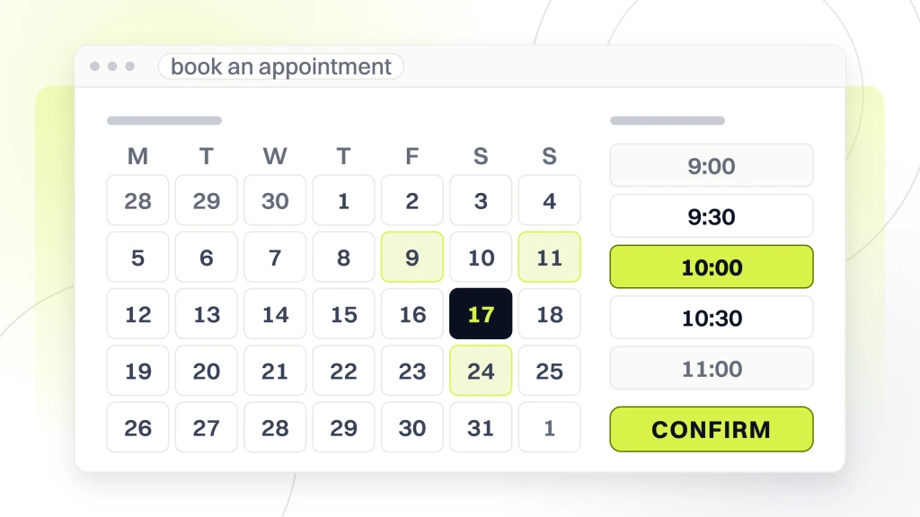 Websites for Chiropractors. A booking screen showing a month grid beside a column of appointment times, two of them already taken and one selected, with the confirm button beneath.
