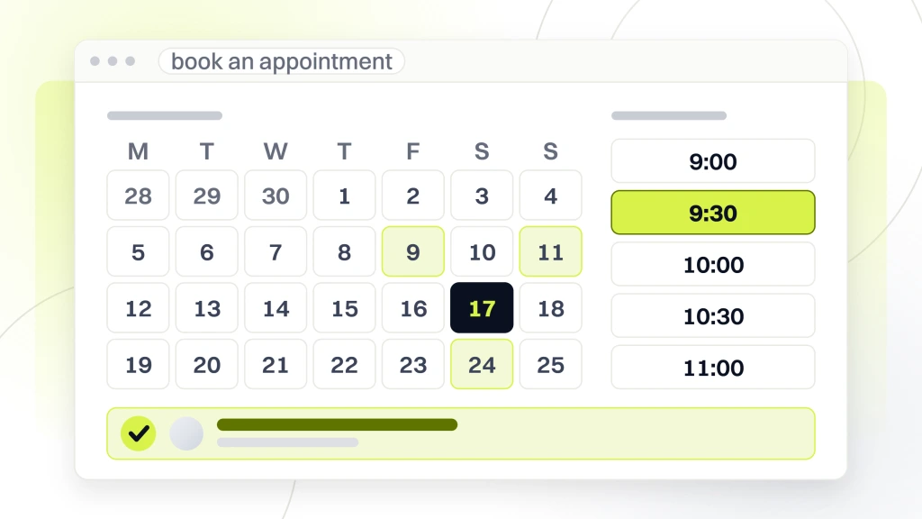 A booking screen showing the month grid and time column with one slot taken, and the confirmed appointment card it produced, from a guide to websites for Chiropractors.