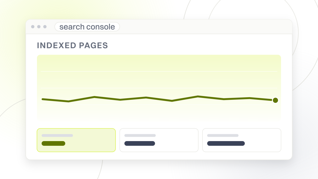 Why SEO audit is important. A search console window showing an indexed pages label over a flat line and three metric tiles, the free screen that answers whether your pages are in the index at all.