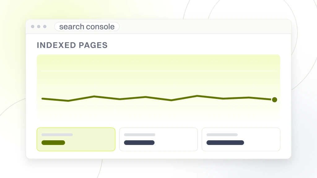 Why SEO audit is important. A search console window showing an indexed pages label over a flat line and three metric tiles, the free screen that answers whether your pages are in the index at all.