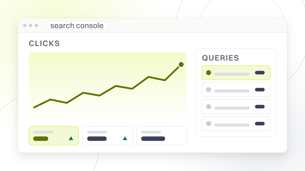 Why you need an SEO audit. A search console window with a clicks chart on one side and a query table on the other, above four metric tiles, the report that shows which page answers which search.