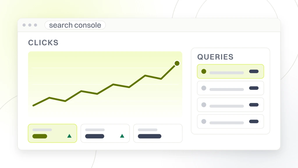 Why you need an SEO audit. A search console window with a clicks chart on one side and a query table on the other, above four metric tiles, the report that shows which page answers which search.