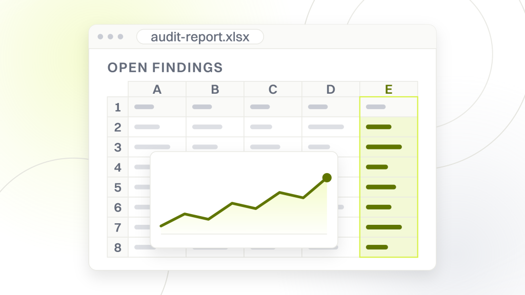 Website audit meaning. A spreadsheet window holding seven rows of findings across five columns with the last column highlighted, the list a generated audit fills and a real one earns.