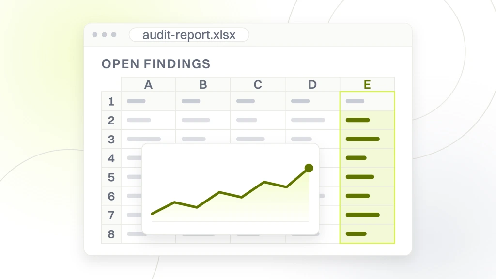 Website audit meaning. A spreadsheet window holding seven rows of findings across five columns with the last column highlighted, the list a generated audit fills and a real one earns.