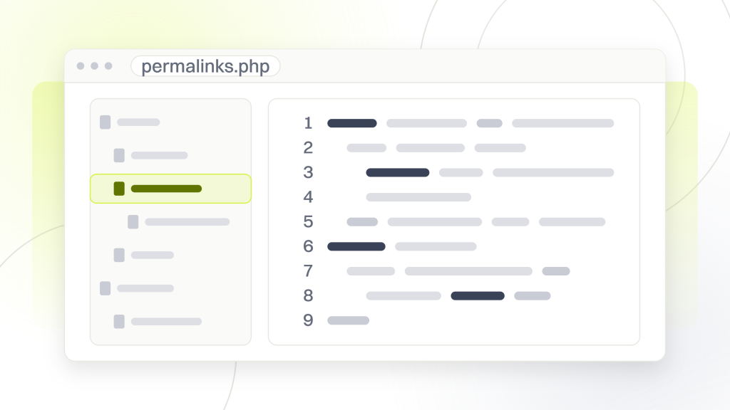 WooCommerce SEO. A code editor with a file tree down the left and nine lines in the pane, one of them highlighted, the setting that rewrites every product address when it changes.