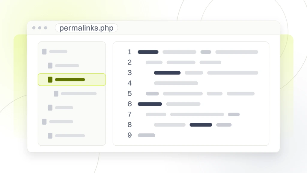 WooCommerce SEO. A code editor with a file tree down the left and nine lines in the pane, one of them highlighted, the setting that rewrites every product address when it changes.