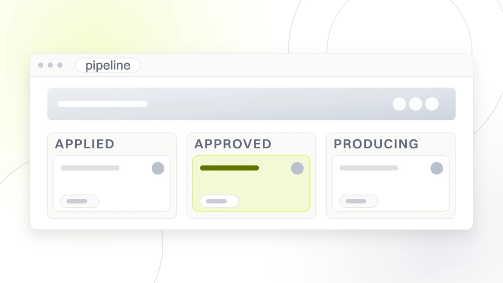 Affiliate Marketing Ecommerce. A pipeline board with three columns headed applied, approved and producing, each holding deal cards, one card in the middle column pulled forward and the last column marked as won.
