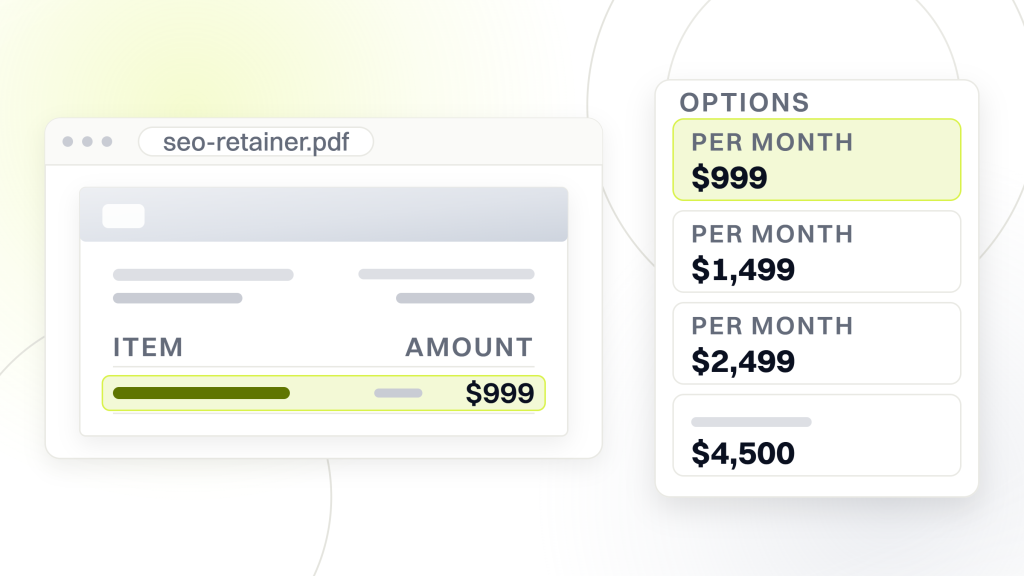 Affordable SEO. A quote document showing one line, an SEO retainer at $999 per month, beside a card listing the tiers it sits at the bottom of, $999, $1,499, $2,499 and enterprise from $4,500.