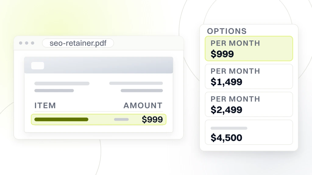 Affordable SEO. A quote document showing one line, an SEO retainer at $999 per month, beside a card listing the tiers it sits at the bottom of, $999, $1,499, $2,499 and enterprise from $4,500.