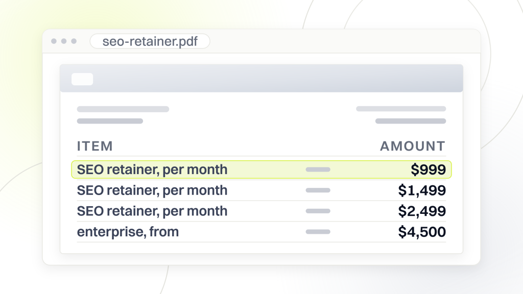 Cheap SEO. A quote document in a viewer window listing four priced lines, SEO retainers at $999, $1,499 and $2,499 a month and an enterprise tier from $4,500, with the first line marked.