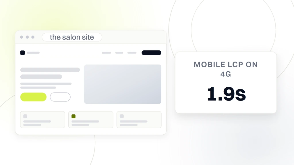 Affordable Web Design for Beauty Salons. A salon site in browser chrome with nav, hero and treatment cards, beside a card reading 1.9s under the words mobile lcp on 4g.