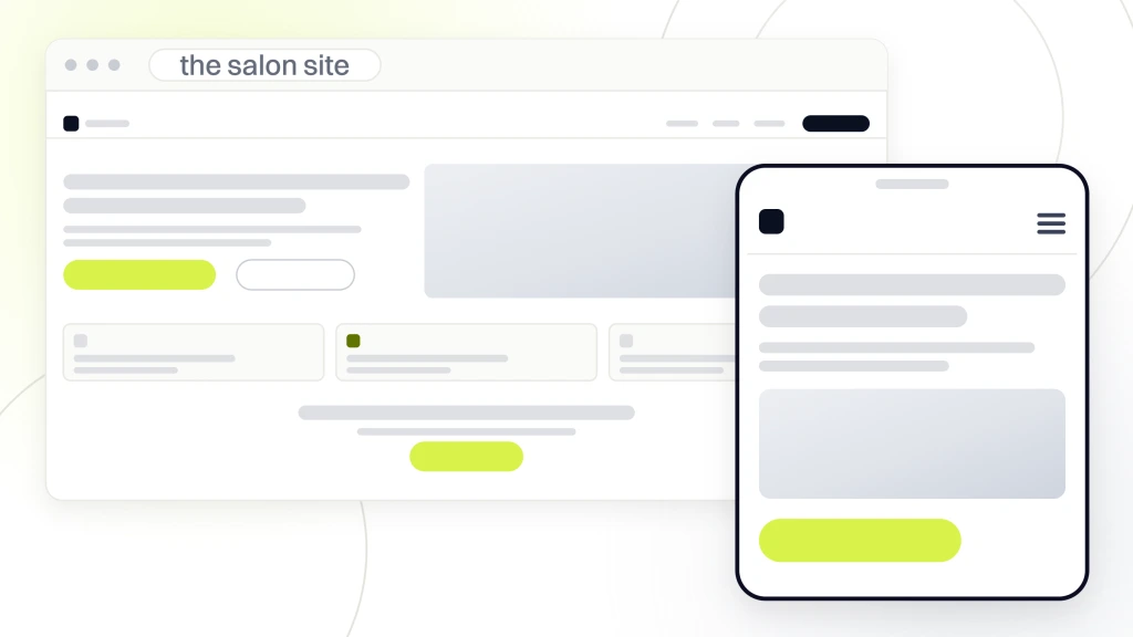 A salon site in browser chrome showing nav, hero, treatment cards and a booking call to action, with the same page drawn on a handset in front of it, from a guide to affordable Web Design for Beauty Salons.
