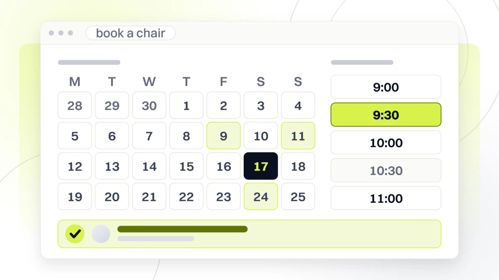 A booking screen in browser chrome showing a month grid, a column of time slots with one taken and one selected, and the confirmed appointment it produced, from a guide to beauty Salon Web Design Services.