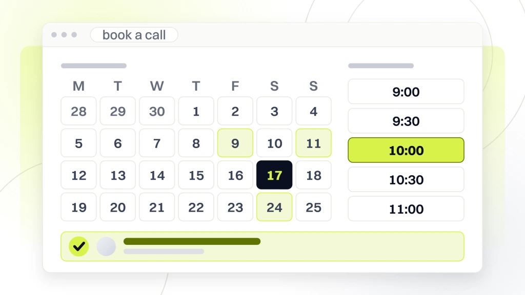 Food marketing companies. A booking window showing the month grid and slot column with the session confirmed and shown on its own card.