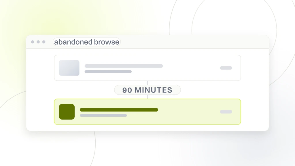 Marketing Ideas for Ecommerce. A flow builder window showing two step cards joined by a wait reading 90 minutes, with the second card live.