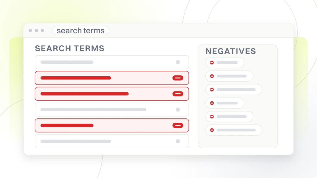 Real estate investor PPC keywords. A search terms report with six queries, three of them flagged for exclusion, beside a negatives panel holding the terms already blocked.
