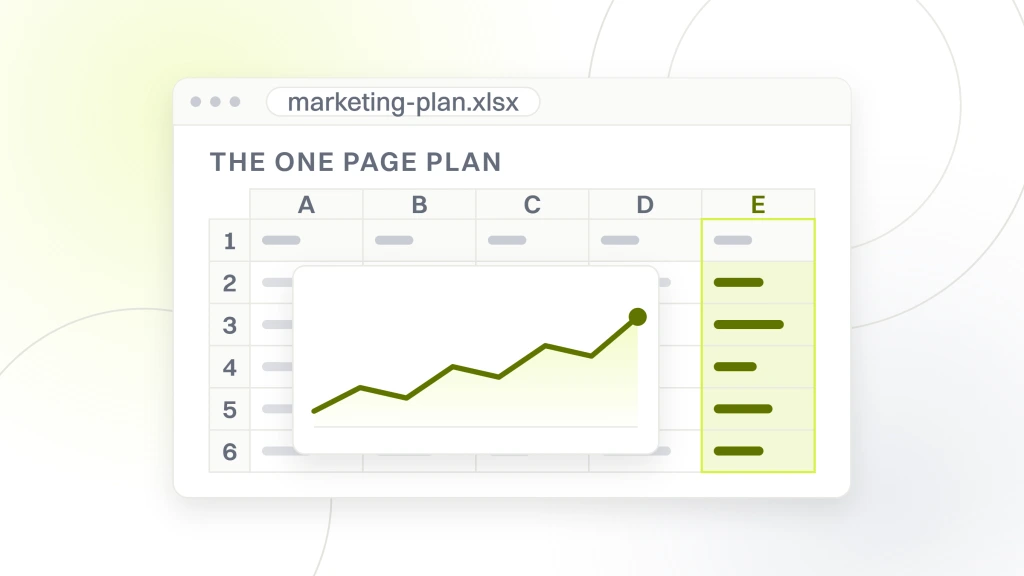 Real estate marketing plan. A spreadsheet window showing a lettered column header, a numbered gutter and a grid of cells with the last column highlighted and a chart object sitting over them.