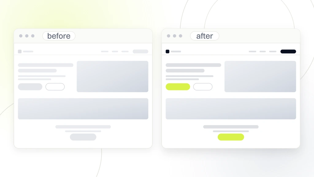 Chiropractor business website examples. Two chiropractic homepages in browser chrome labeled before and after, the before one drawn dim with a grey button and the after one carrying a real hero image and a lime booking button.