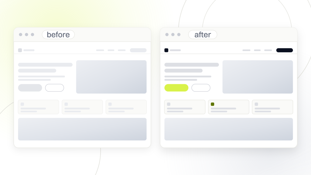 WooCommerce theme. Two browser windows side by side labeled before and after, the same shop drawn with dim furniture and a grey button on one side and live photography and a lime button on the other.