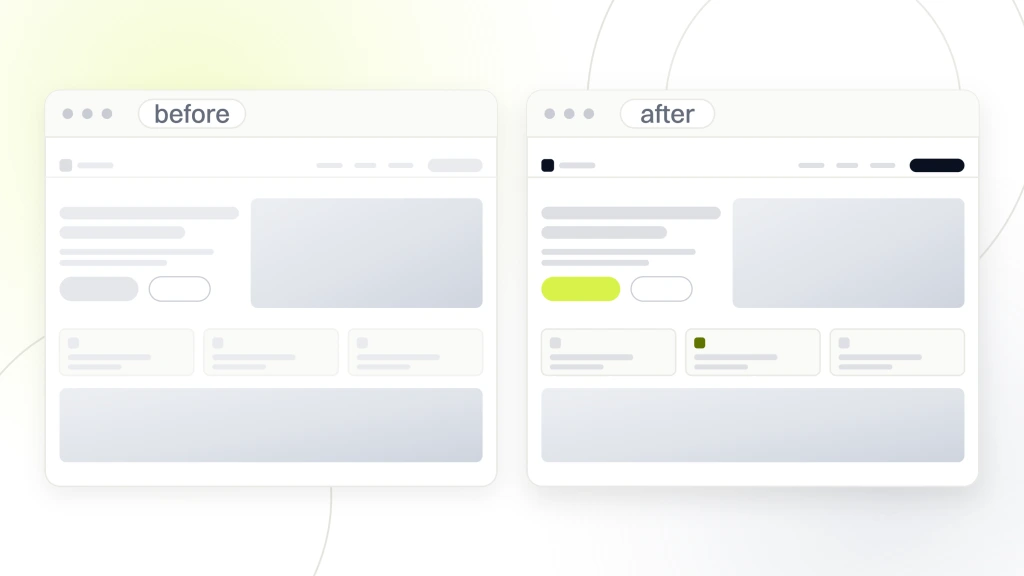 WooCommerce theme. Two browser windows side by side labeled before and after, the same shop drawn with dim furniture and a grey button on one side and live photography and a lime button on the other.