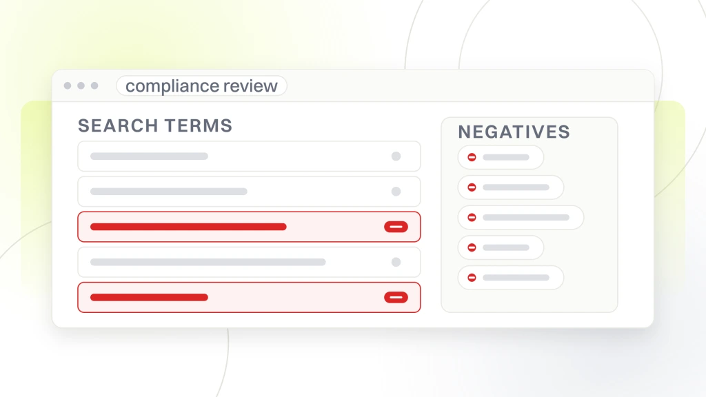 Alcohol PPC agency. A search terms window listing five queries with two marked red for compliance, beside a panel of negative keyword chips already blocked.