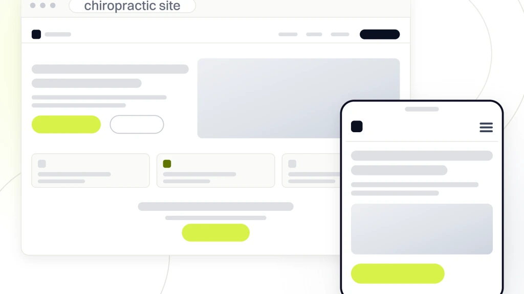 Chiropractor Business Website Examples. A browser window showing a chiropractic site with navigation, a photographic hero, service cards and a booking band, with the same page rendered down a handset in front of it.