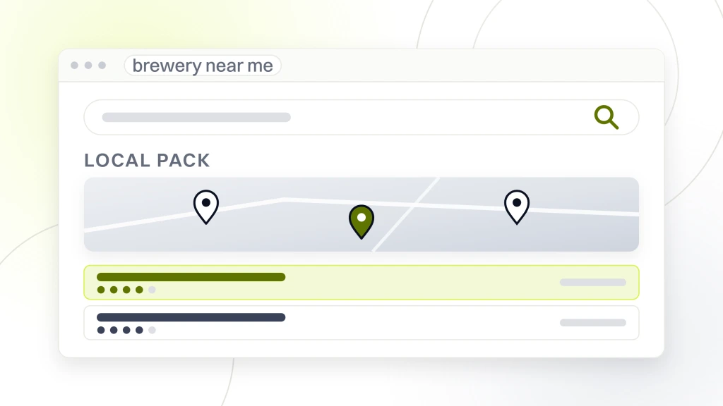 Craft Brewery Marketing. A search results window showing a map plate above three local brewery listings with the first one highlighted, the block that sends walk-in traffic to a taproom.