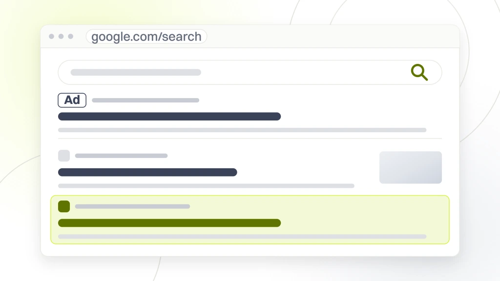 A search results window with a query box, a tab rail, one ad listing above a rule, four organic listings with the second highlighted, and a row of related search pills beneath, from a guide to craft Brewery Marketing.