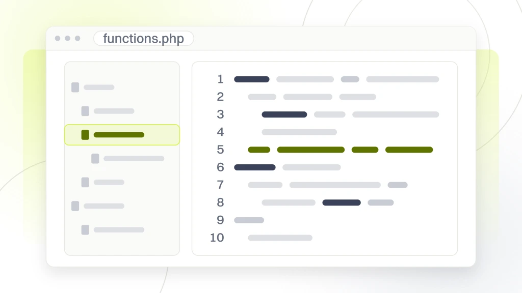 Custom WordPress Website Development. An editor window with a file tree rail on the left and a code pane on the right, one line highlighted in lime as the line being written.