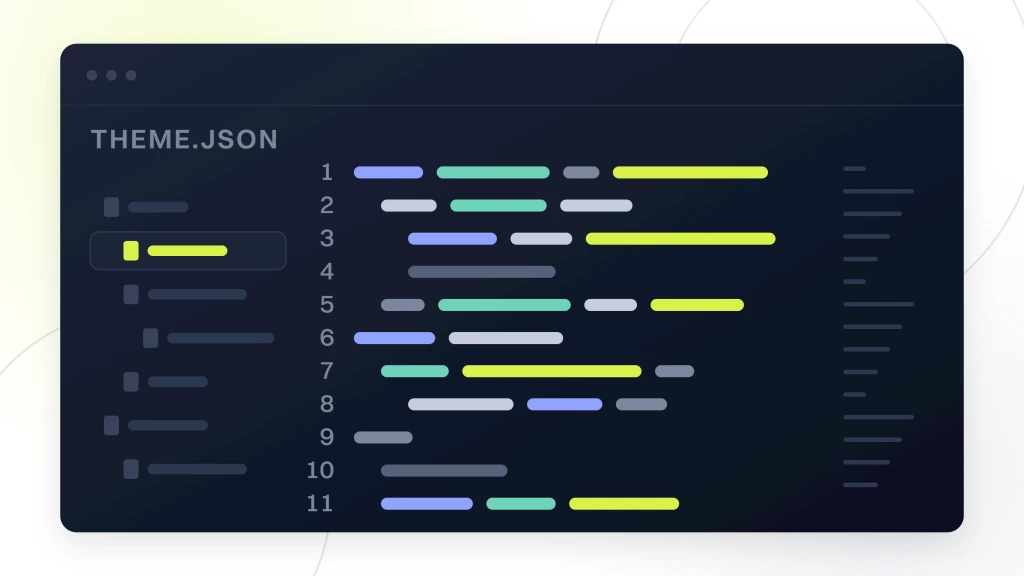 Custom WordPress Website Development Services. A dark editor pane with traffic lights, a file rail, eleven syntax colored configuration lines and a minimap down the right hand edge.