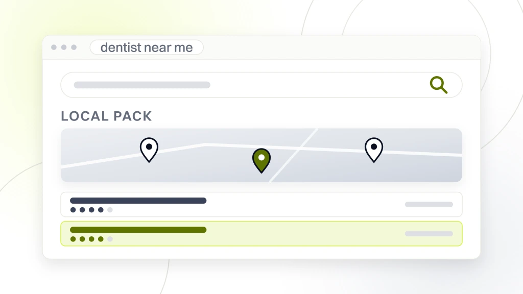 Dental Marketing Ideas. A search results window with a query box, a map plate carrying three pins, and three local pack listings beneath it with the middle one highlighted.